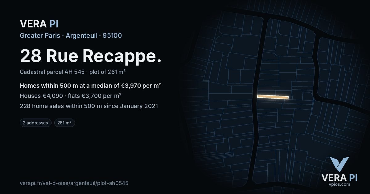 28 Rue Recappe, Argenteuil at night – the plot lit, the parcels around coloured by the prices near them