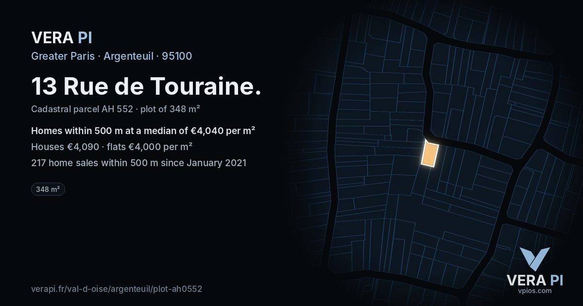 13 Rue de Touraine, Argenteuil at night – the plot lit, the parcels around coloured by the prices near them