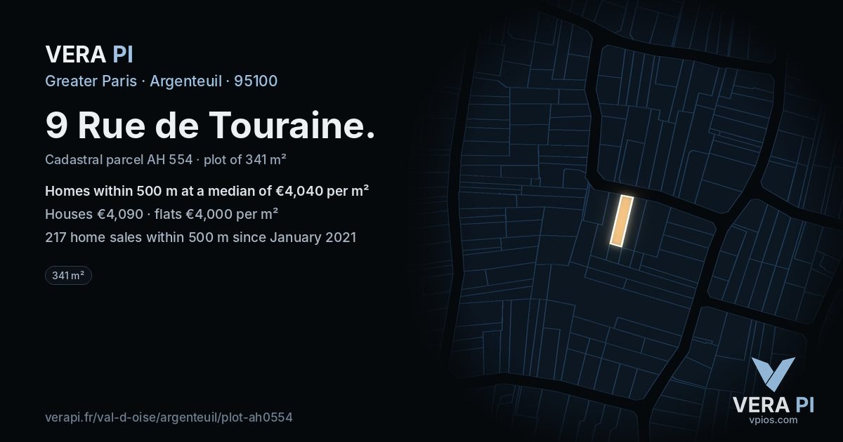 9 Rue de Touraine, Argenteuil at night – the plot lit, the parcels around coloured by the prices near them