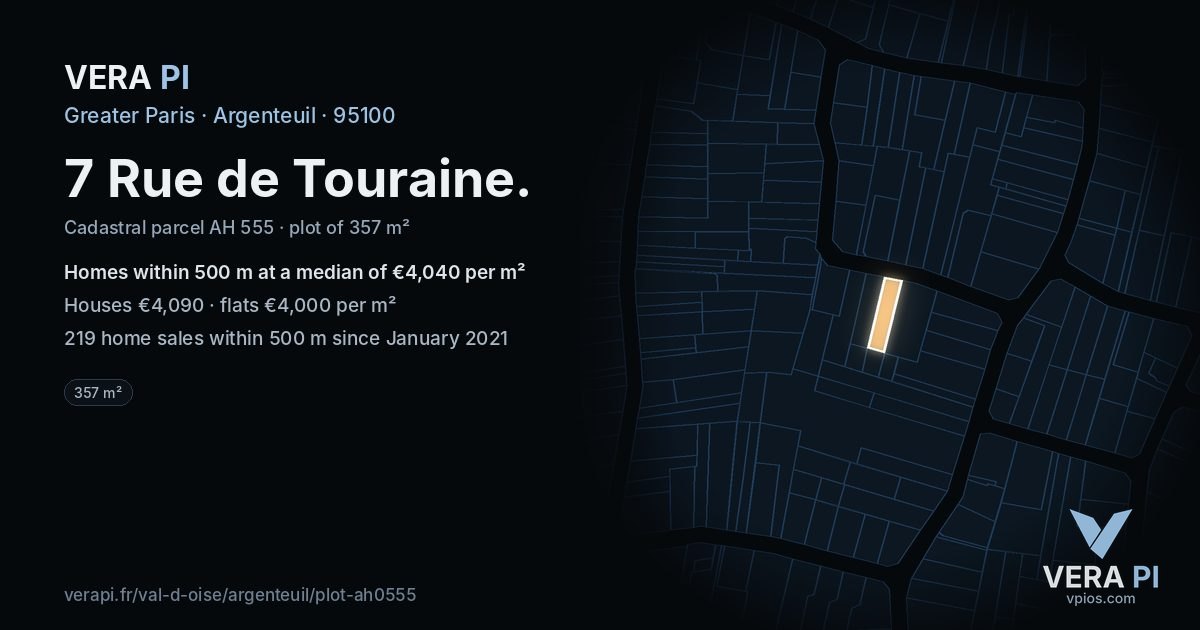 7 Rue de Touraine, Argenteuil at night – the plot lit, the parcels around coloured by the prices near them