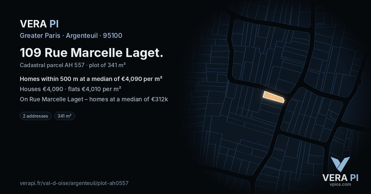 109 Rue Marcelle Laget, Argenteuil at night – the plot lit, the parcels around coloured by the prices near them