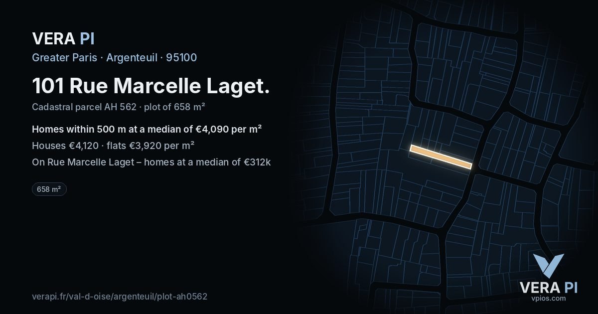 101 Rue Marcelle Laget, Argenteuil at night – the plot lit, the parcels around coloured by the prices near them