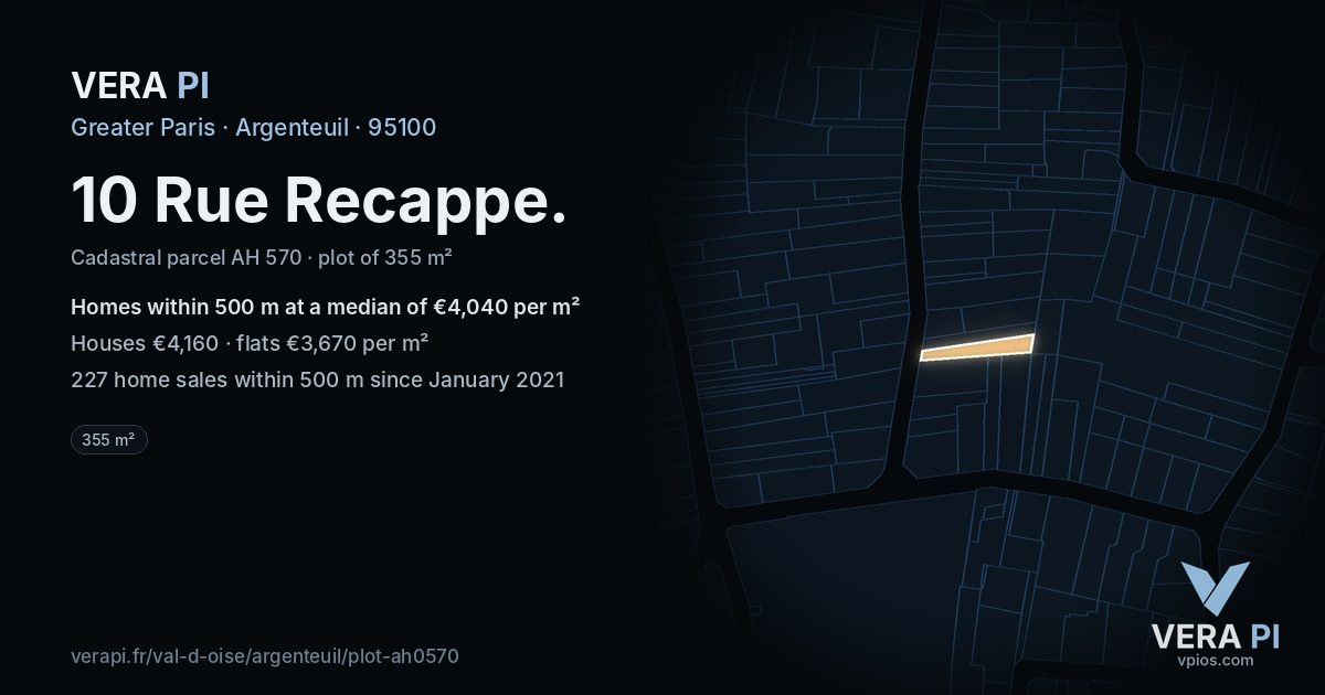 10 Rue Recappe, Argenteuil at night – the plot lit, the parcels around coloured by the prices near them