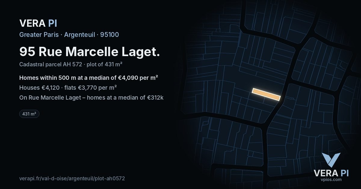 95 Rue Marcelle Laget, Argenteuil at night – the plot lit, the parcels around coloured by the prices near them