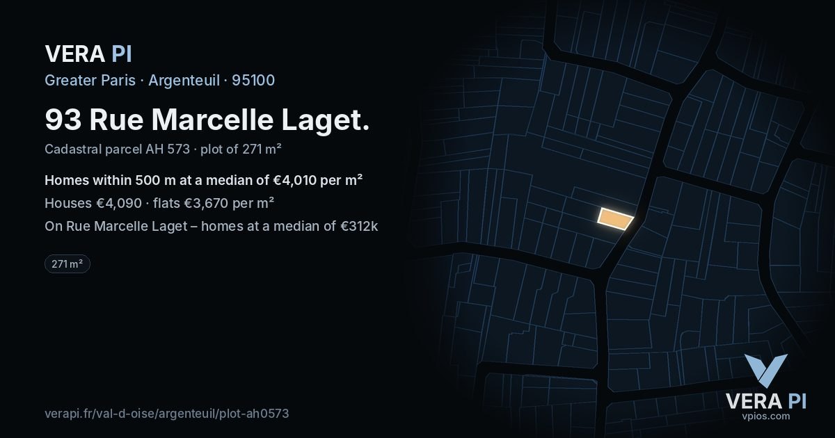 93 Rue Marcelle Laget, Argenteuil at night – the plot lit, the parcels around coloured by the prices near them