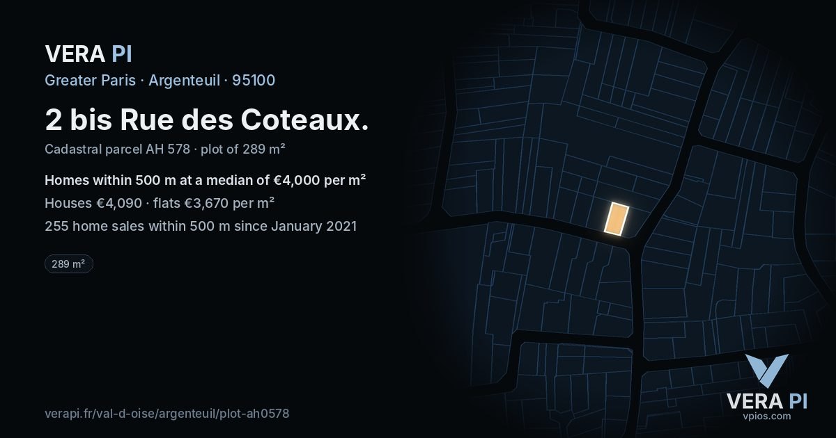 2 bis Rue des Coteaux, Argenteuil at night – the plot lit, the parcels around coloured by the prices near them