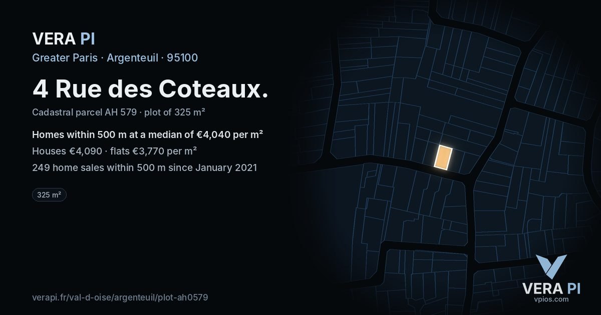 4 Rue des Coteaux, Argenteuil at night – the plot lit, the parcels around coloured by the prices near them