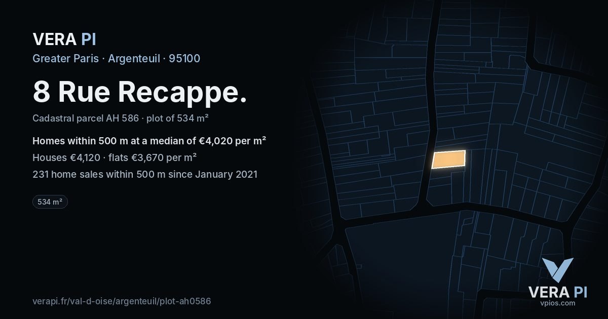 8 Rue Recappe, Argenteuil at night – the plot lit, the parcels around coloured by the prices near them