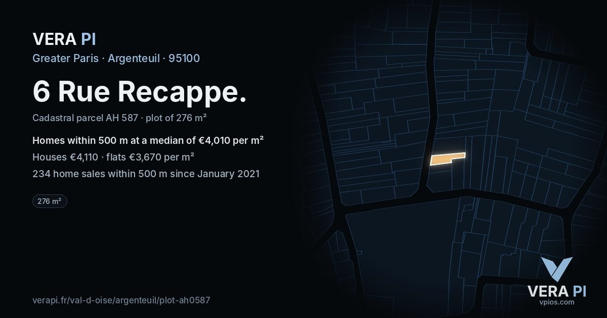 6 Rue Recappe, Argenteuil at night – the plot lit, the parcels around coloured by the prices near them