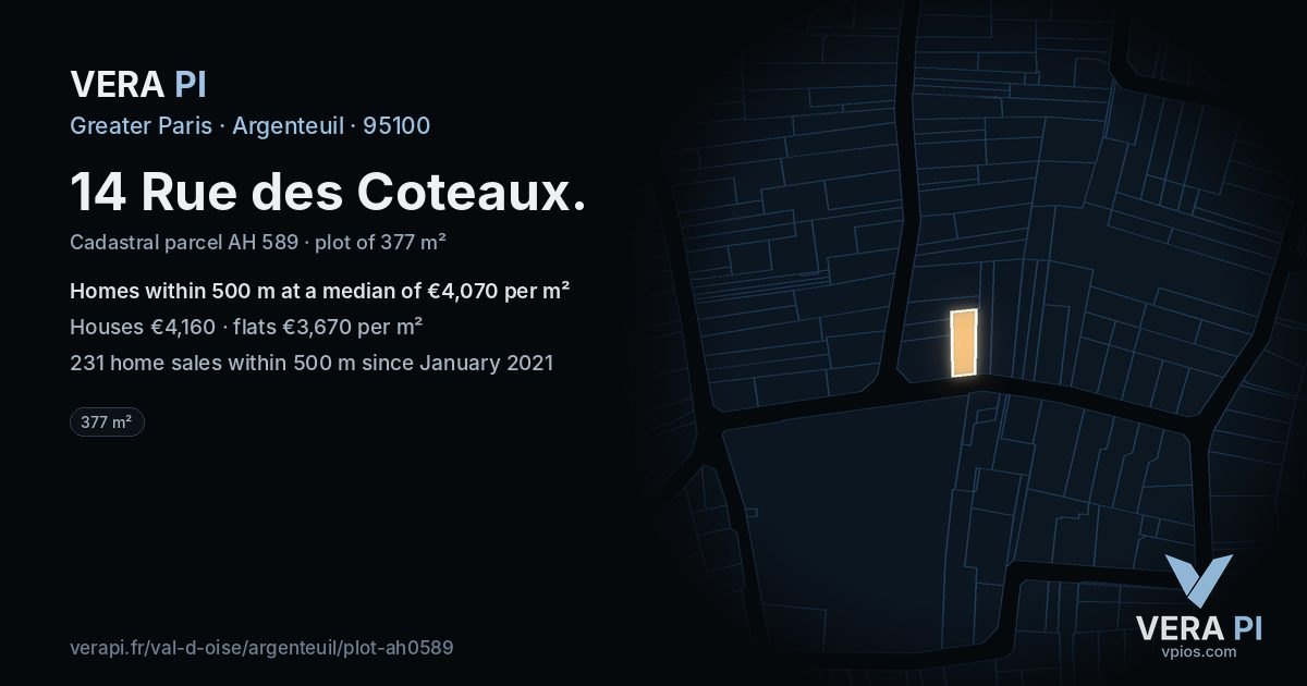 14 Rue des Coteaux, Argenteuil at night – the plot lit, the parcels around coloured by the prices near them