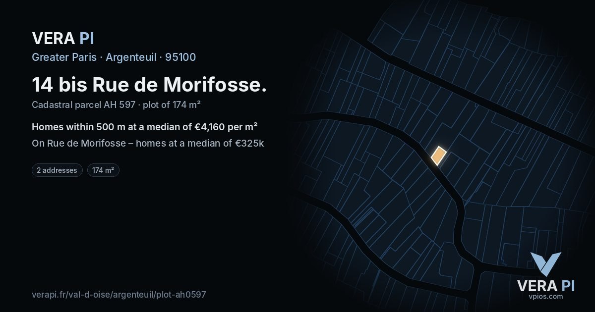 14 bis Rue de Morifosse, Argenteuil at night – the plot lit, the parcels around coloured by the prices near them