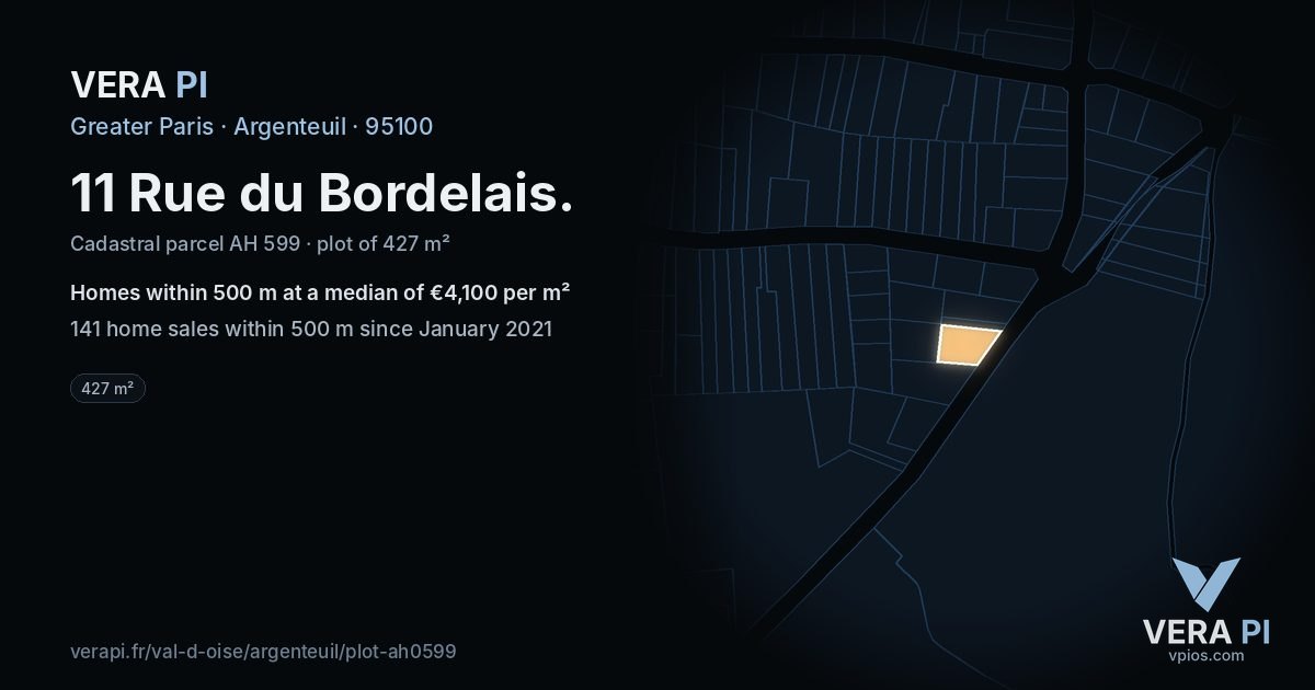 11 Rue du Bordelais, Argenteuil at night – the plot lit, the parcels around coloured by the prices near them