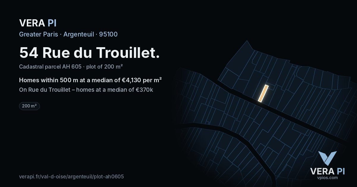 54 Rue du Trouillet, Argenteuil at night – the plot lit, the parcels around coloured by the prices near them