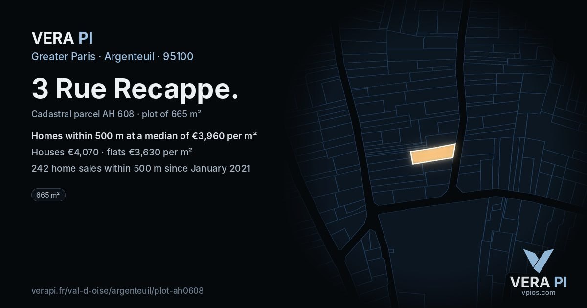 3 Rue Recappe, Argenteuil at night – the plot lit, the parcels around coloured by the prices near them