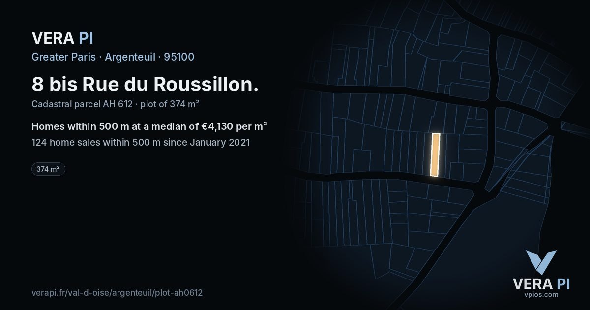 8 bis Rue du Roussillon, Argenteuil at night – the plot lit, the parcels around coloured by the prices near them