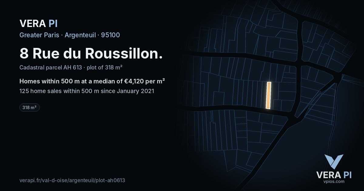 8 Rue du Roussillon, Argenteuil at night – the plot lit, the parcels around coloured by the prices near them