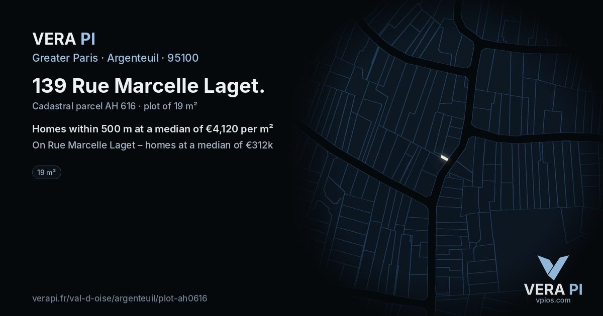 139 Rue Marcelle Laget, Argenteuil at night – the plot lit, the parcels around coloured by the prices near them