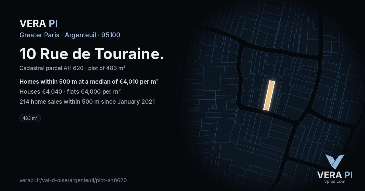 10 Rue de Touraine, Argenteuil at night – the plot lit, the parcels around coloured by the prices near them