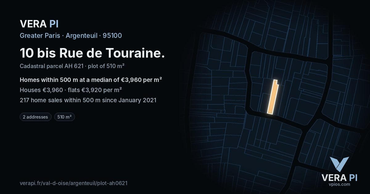 10 bis Rue de Touraine, Argenteuil at night – the plot lit, the parcels around coloured by the prices near them