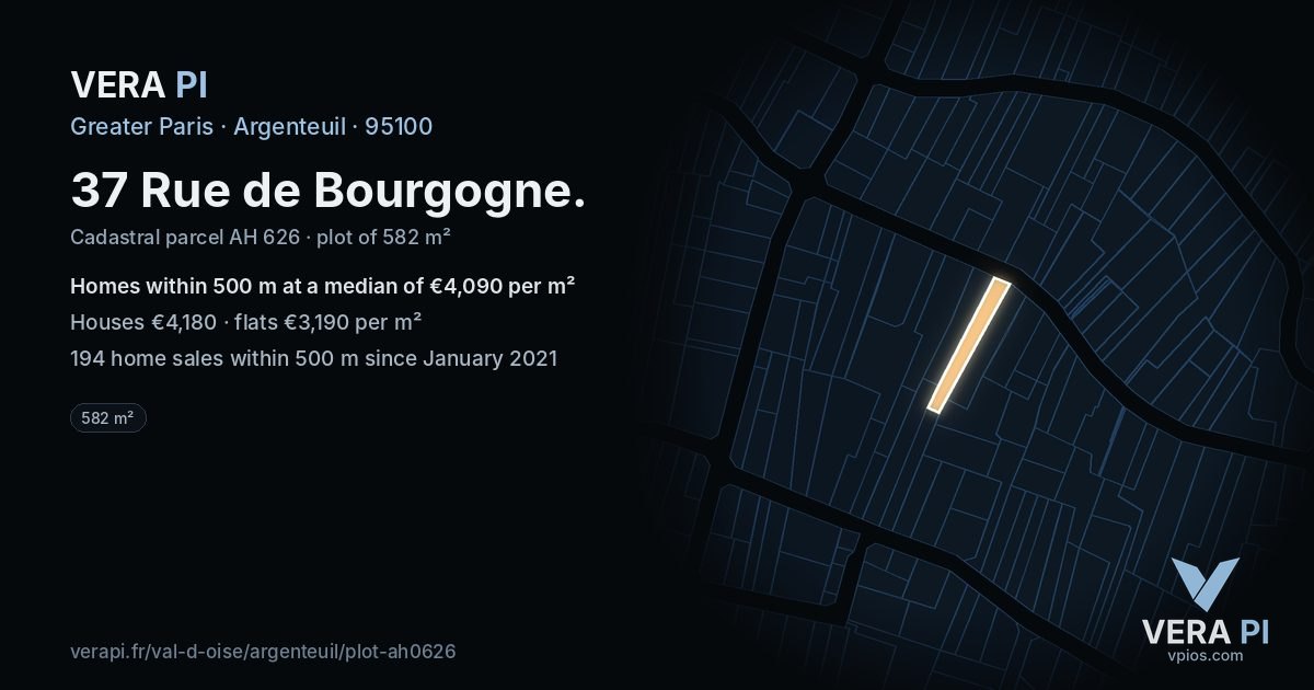 37 Rue de Bourgogne, Argenteuil at night – the plot lit, the parcels around coloured by the prices near them