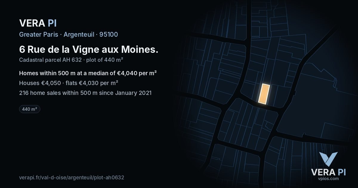 6 Rue de la Vigne aux Moines, Argenteuil at night – the plot lit, the parcels around coloured by the prices near them