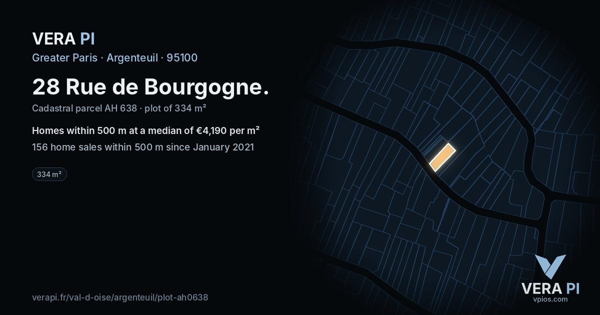 28 Rue de Bourgogne, Argenteuil at night – the plot lit, the parcels around coloured by the prices near them