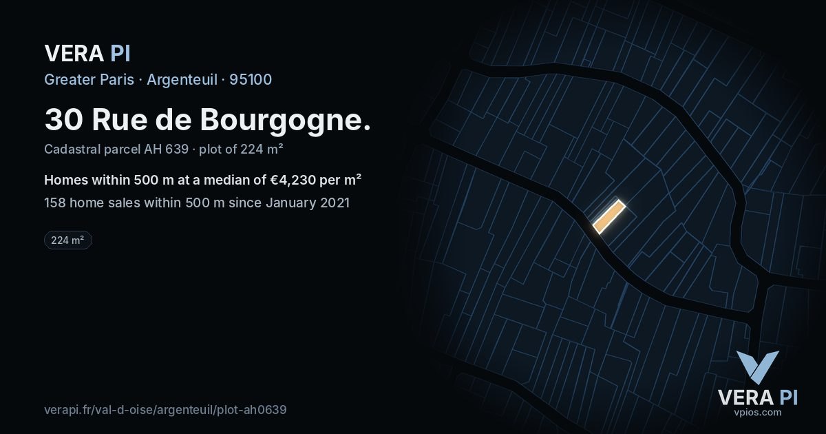 30 Rue de Bourgogne, Argenteuil at night – the plot lit, the parcels around coloured by the prices near them