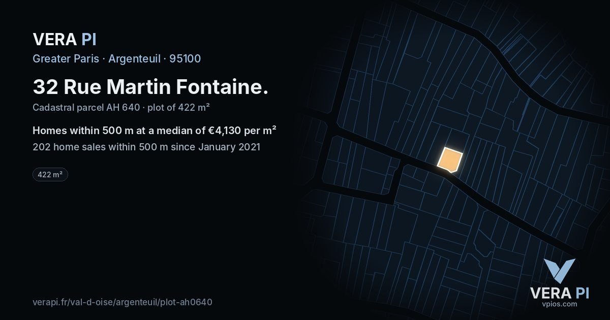 32 Rue Martin Fontaine, Argenteuil at night – the plot lit, the parcels around coloured by the prices near them