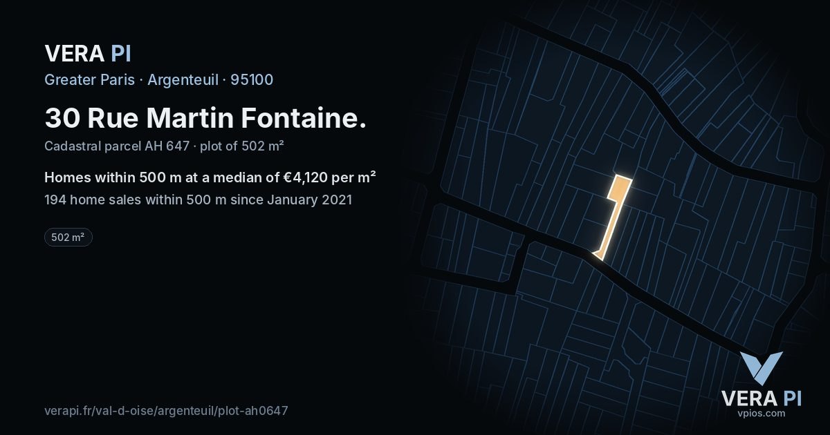 30 Rue Martin Fontaine, Argenteuil at night – the plot lit, the parcels around coloured by the prices near them