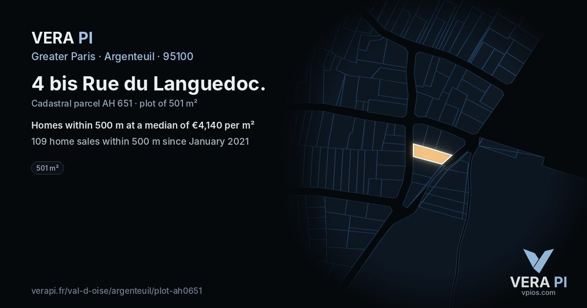 4 bis Rue du Languedoc, Argenteuil at night – the plot lit, the parcels around coloured by the prices near them