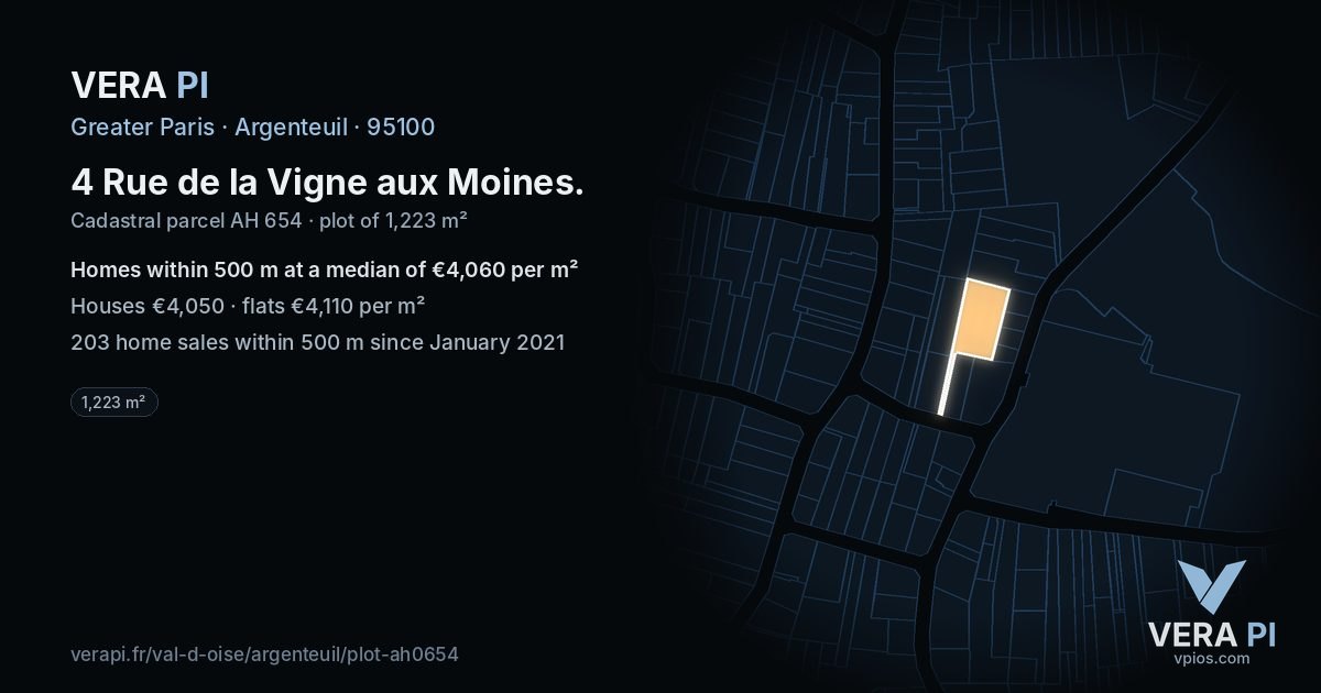 4 Rue de la Vigne aux Moines, Argenteuil at night – the plot lit, the parcels around coloured by the prices near them