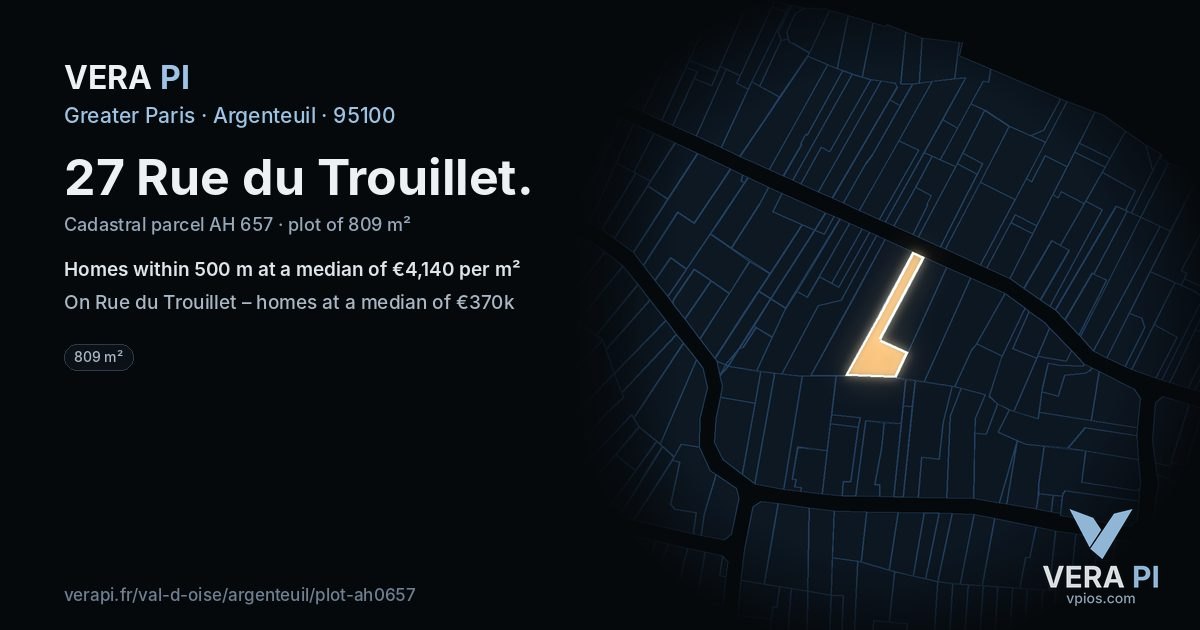 27 Rue du Trouillet, Argenteuil at night – the plot lit, the parcels around coloured by the prices near them