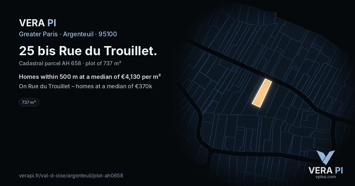 25 bis Rue du Trouillet, Argenteuil at night – the plot lit, the parcels around coloured by the prices near them