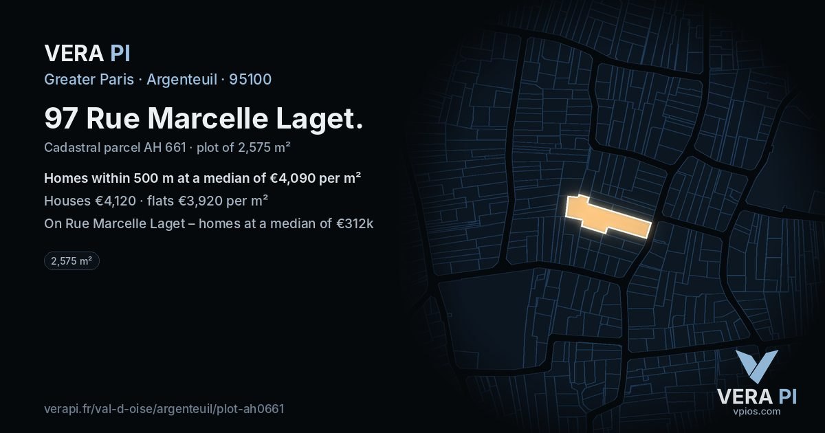97 Rue Marcelle Laget, Argenteuil at night – the plot lit, the parcels around coloured by the prices near them