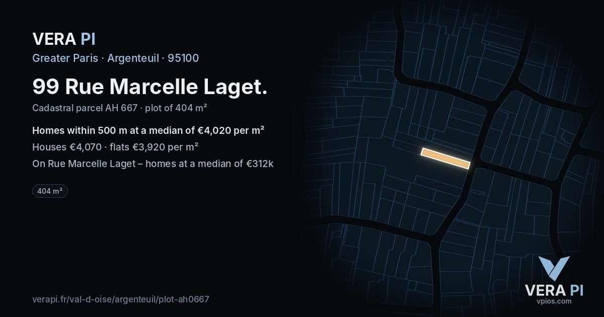 99 Rue Marcelle Laget, Argenteuil at night – the plot lit, the parcels around coloured by the prices near them
