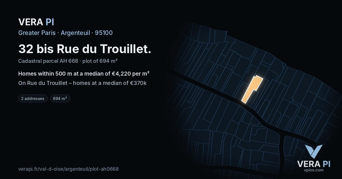 32 bis Rue du Trouillet, Argenteuil at night – the plot lit, the parcels around coloured by the prices near them