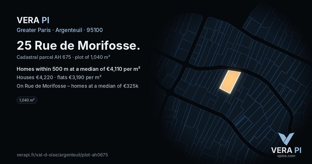 25 Rue de Morifosse, Argenteuil at night – the plot lit, the parcels around coloured by the prices near them