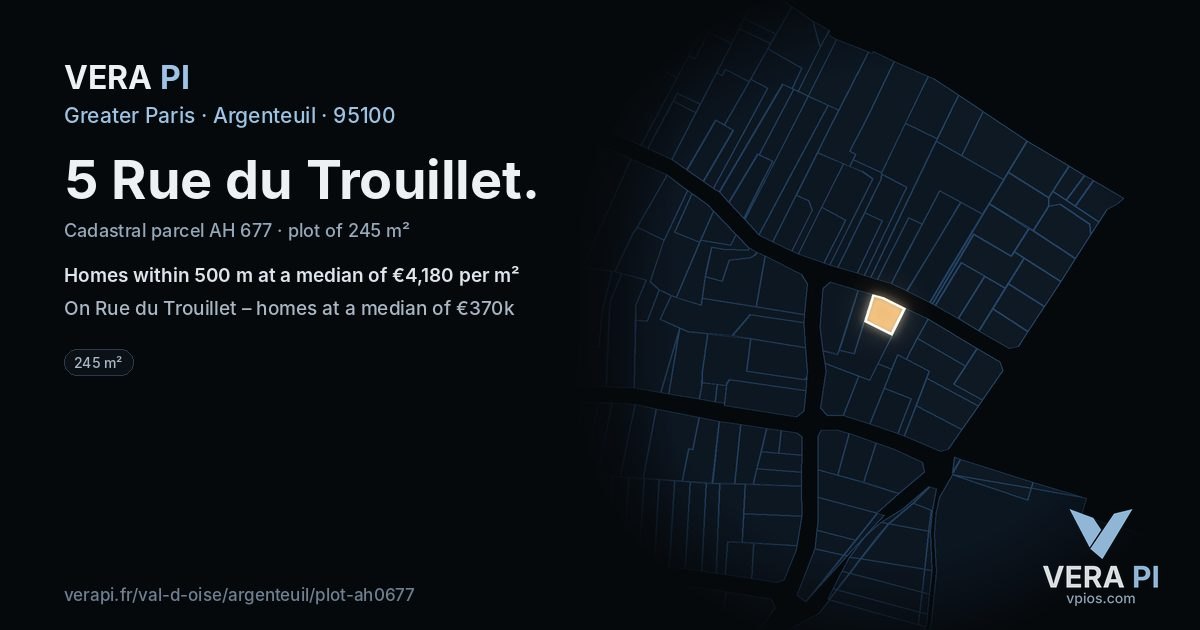 5 Rue du Trouillet, Argenteuil at night – the plot lit, the parcels around coloured by the prices near them