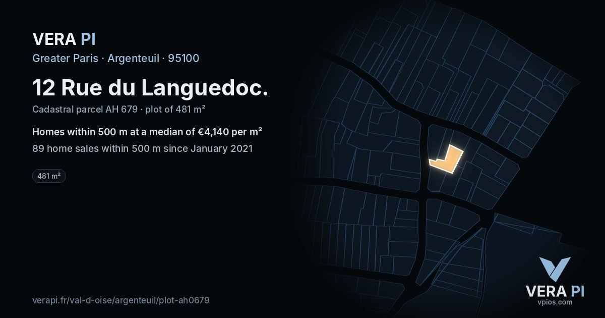 12 Rue du Languedoc, Argenteuil at night – the plot lit, the parcels around coloured by the prices near them