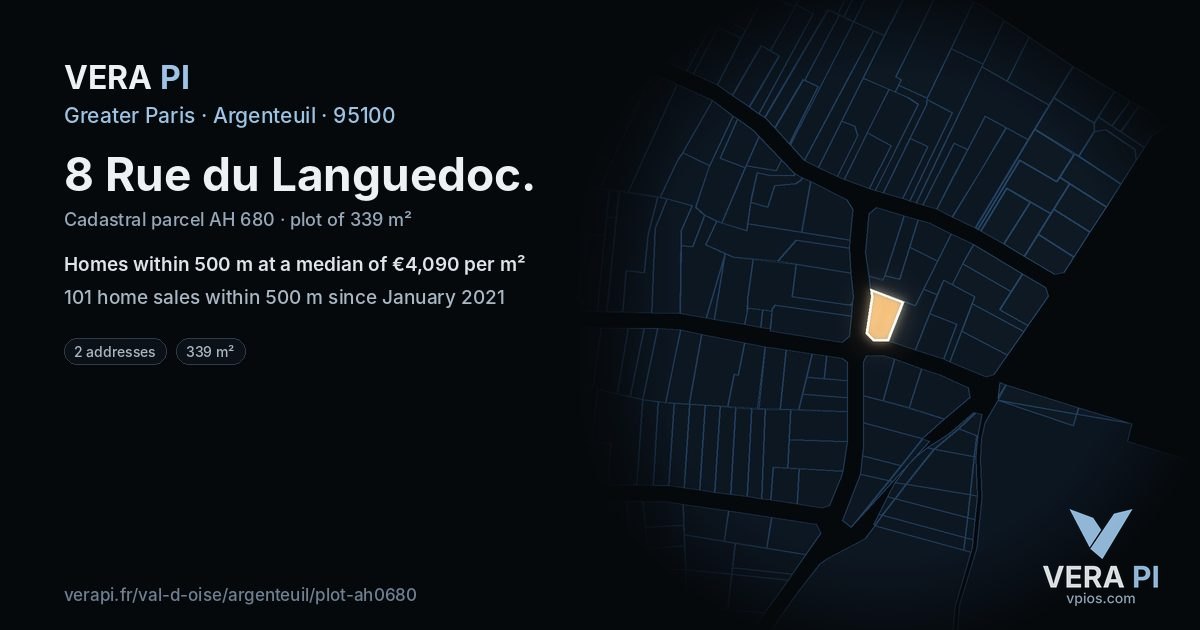 8 Rue du Languedoc, Argenteuil at night – the plot lit, the parcels around coloured by the prices near them