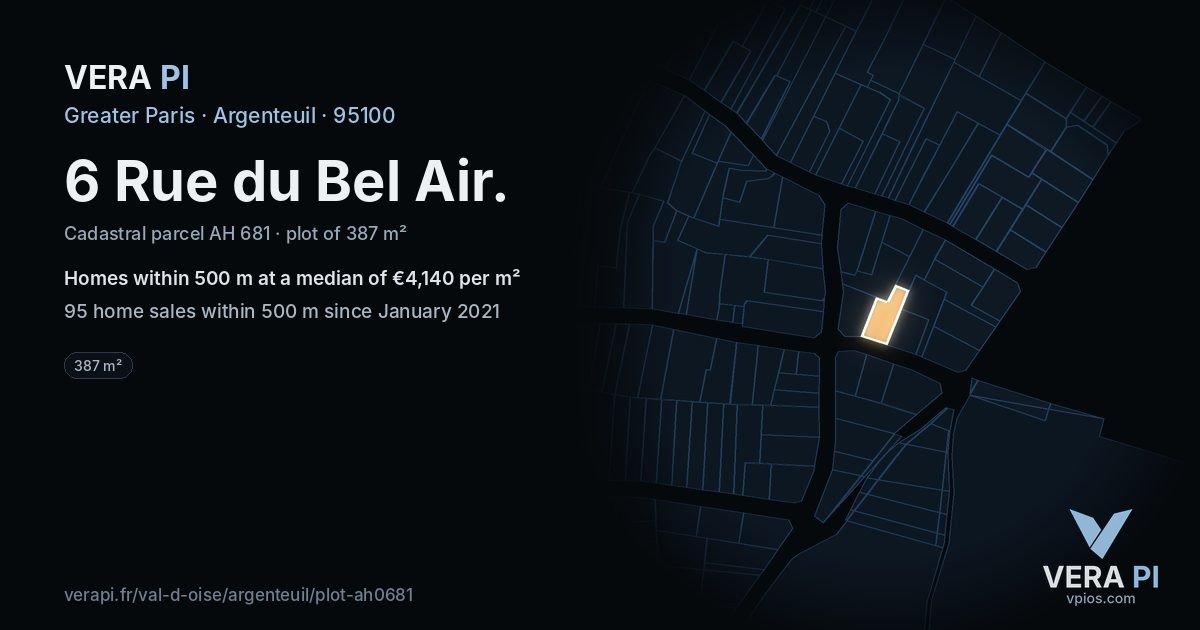 6 Rue du Bel Air, Argenteuil at night – the plot lit, the parcels around coloured by the prices near them