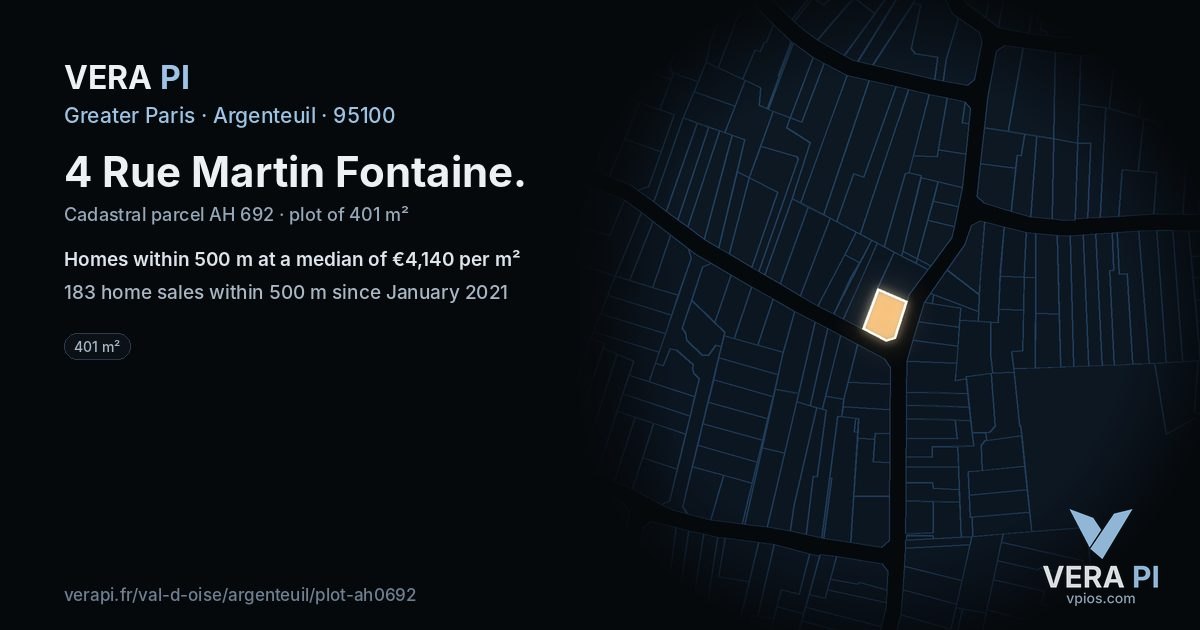 4 Rue Martin Fontaine, Argenteuil at night – the plot lit, the parcels around coloured by the prices near them