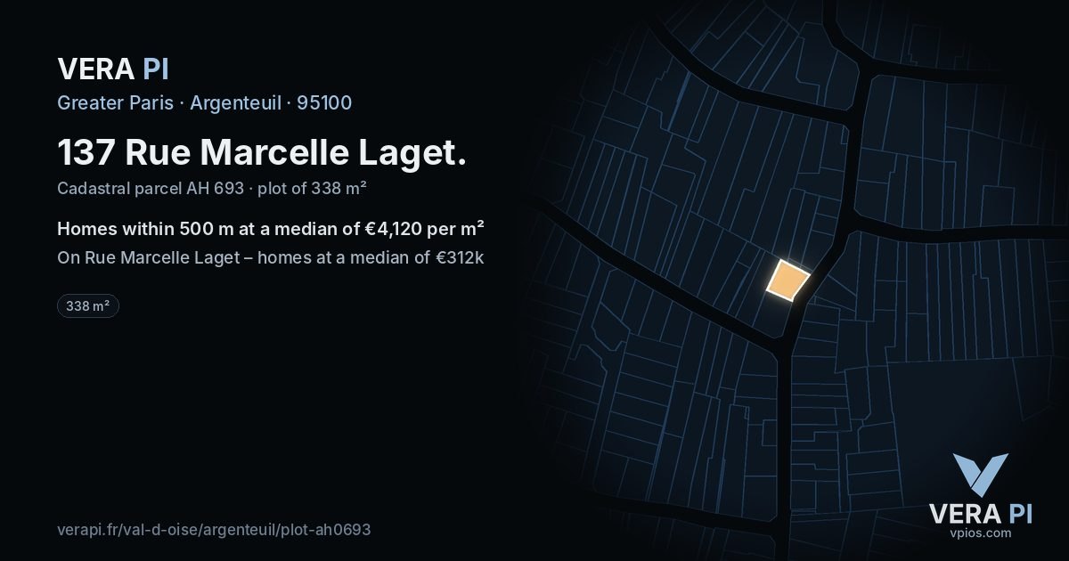 137 Rue Marcelle Laget, Argenteuil at night – the plot lit, the parcels around coloured by the prices near them