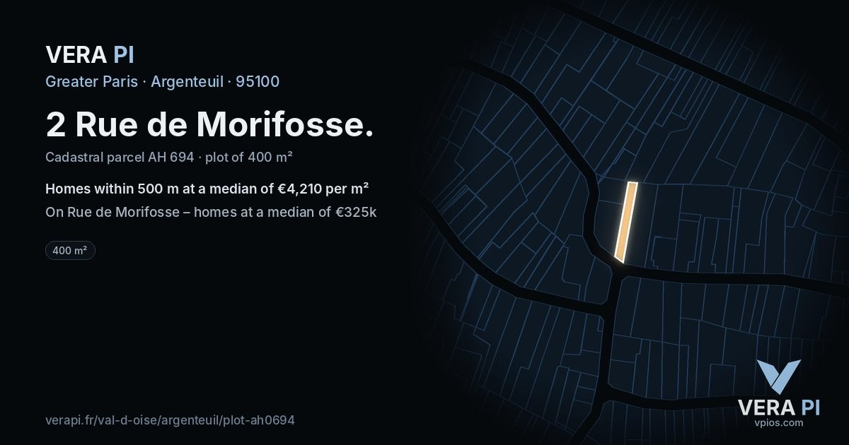 2 Rue de Morifosse, Argenteuil at night – the plot lit, the parcels around coloured by the prices near them