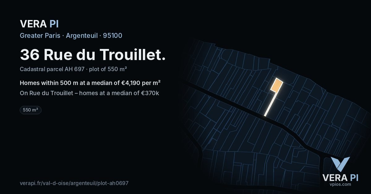 36 Rue du Trouillet, Argenteuil at night – the plot lit, the parcels around coloured by the prices near them