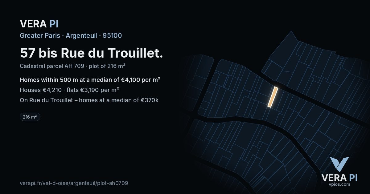 57 bis Rue du Trouillet, Argenteuil at night – the plot lit, the parcels around coloured by the prices near them