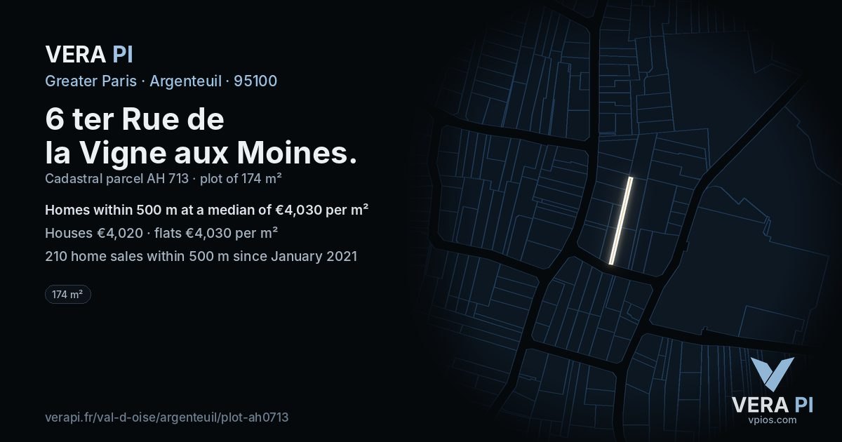 6 ter Rue de la Vigne aux Moines, Argenteuil at night – the plot lit, the parcels around coloured by the prices near them