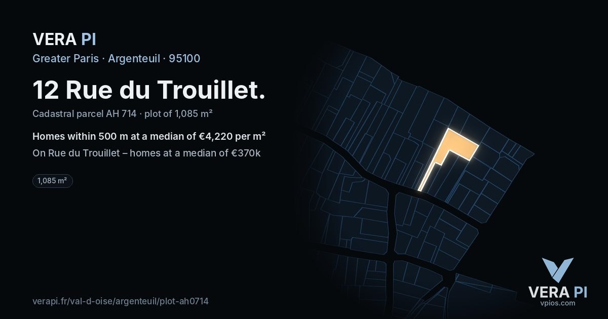 12 Rue du Trouillet, Argenteuil at night – the plot lit, the parcels around coloured by the prices near them