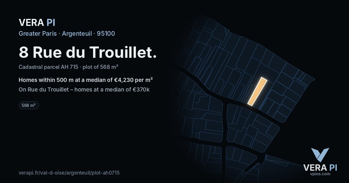 8 Rue du Trouillet, Argenteuil at night – the plot lit, the parcels around coloured by the prices near them