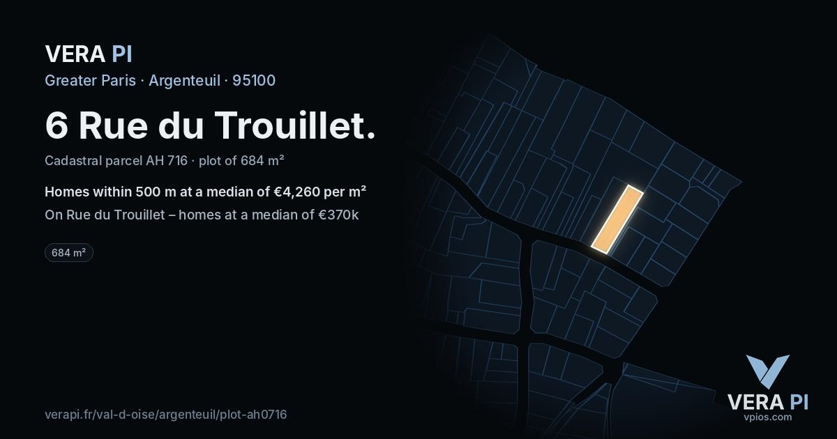 6 Rue du Trouillet, Argenteuil at night – the plot lit, the parcels around coloured by the prices near them